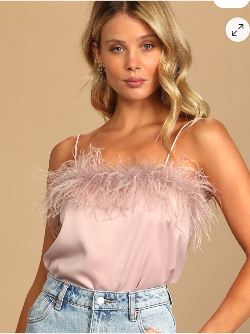 So Much Luxe Blush Satin Feather Tank Top - sz XL